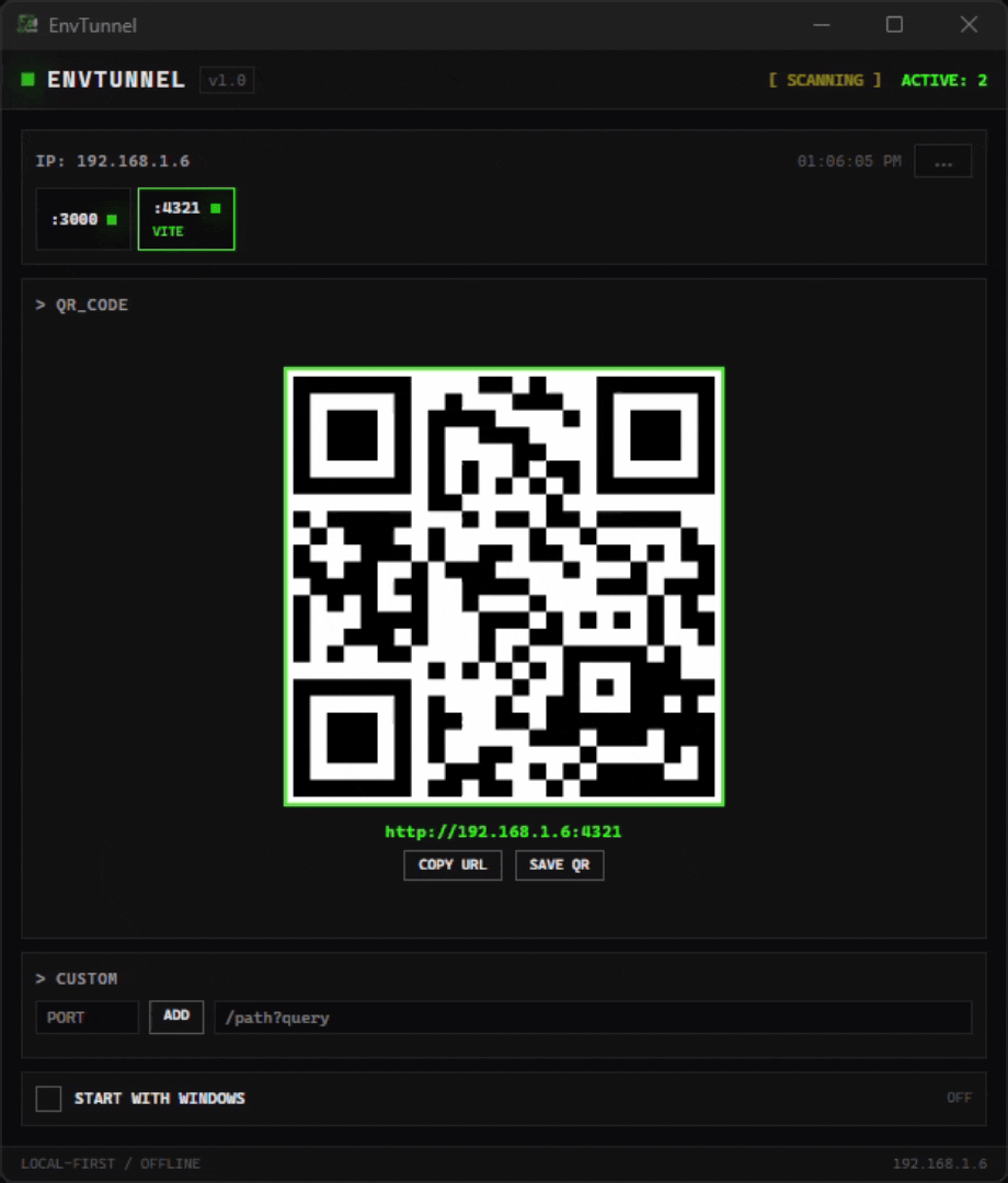 EnvTunnel demo - scanning ports and generating QR codes